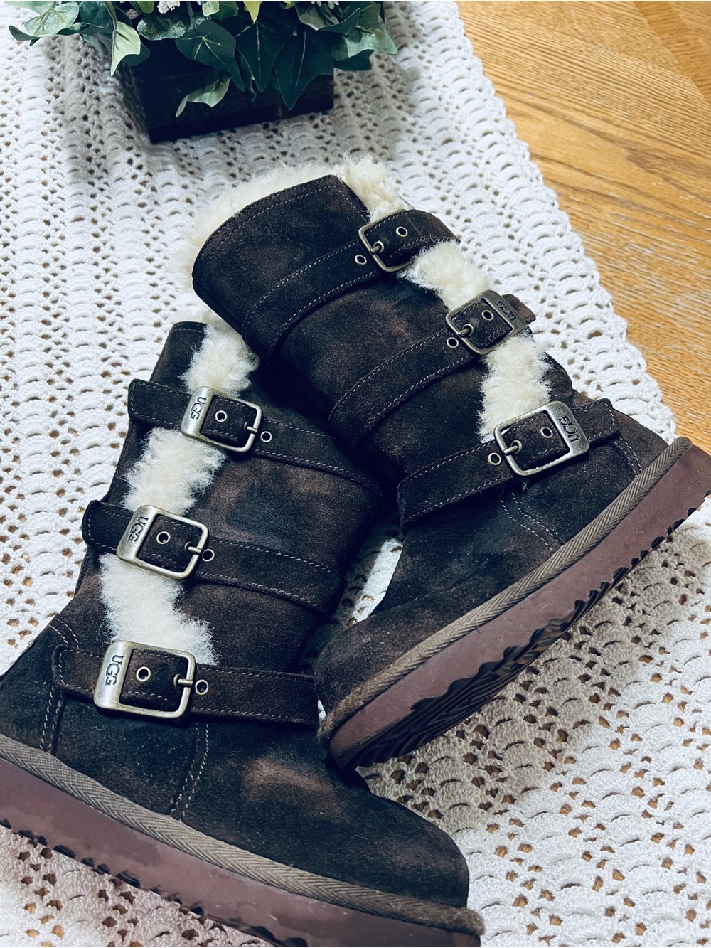UGG Dark Austrilia Maddi Brown Suede Buckle Mid-Calf Boots
